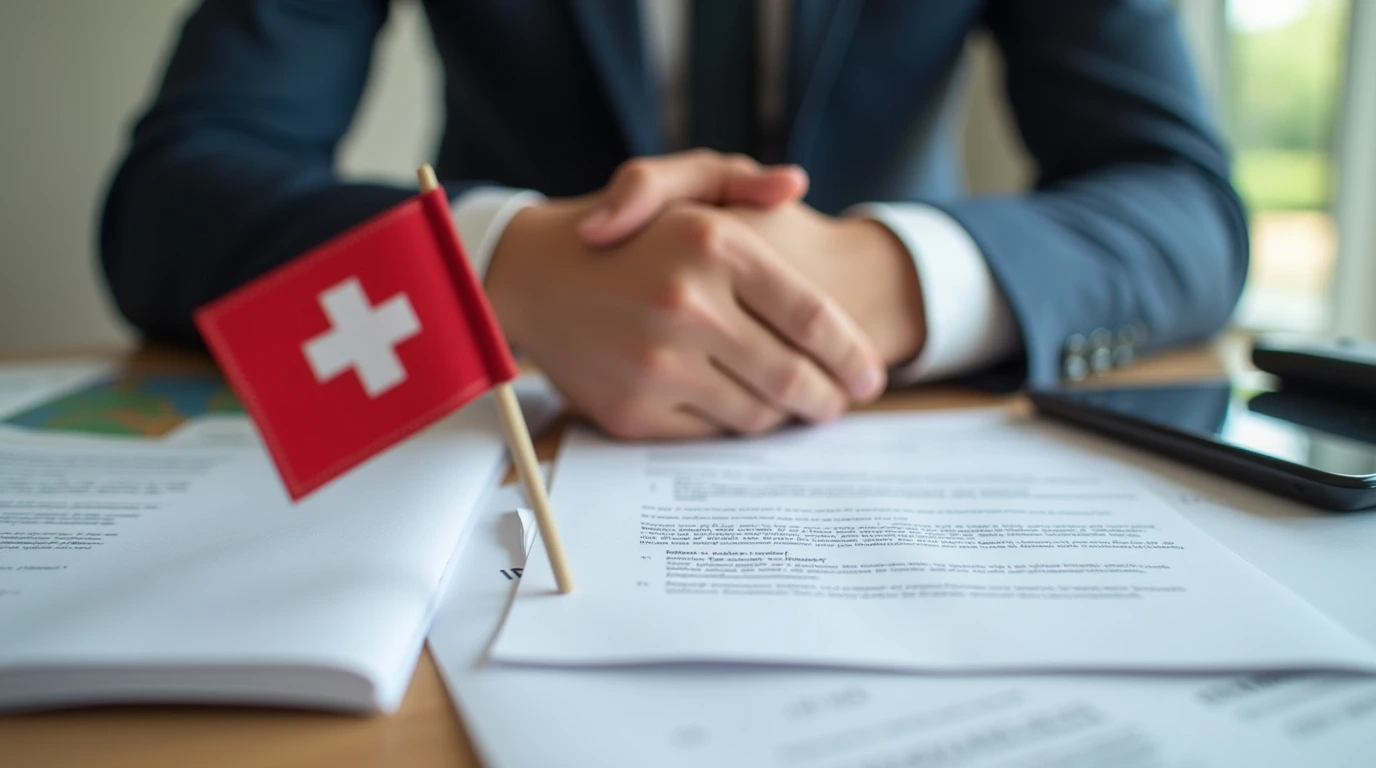 Business documents arranged on a desk beside a small Swiss flag, representing partnership and the concept of company registration in Switzerland.