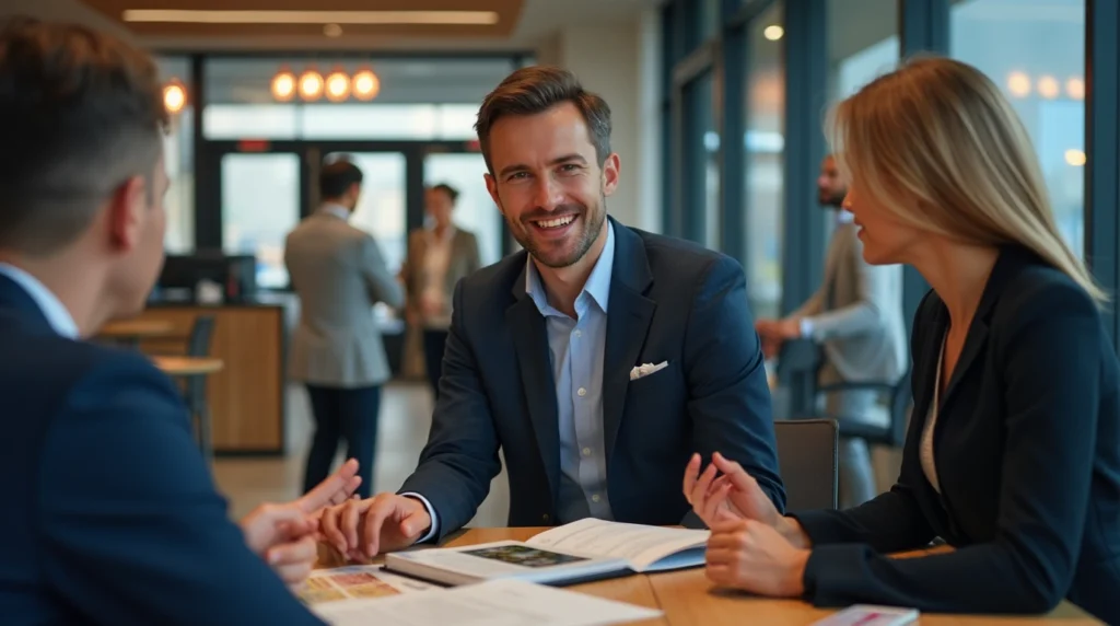 Diverse international business team meeting with a Swiss bank representative to discuss SME finances.