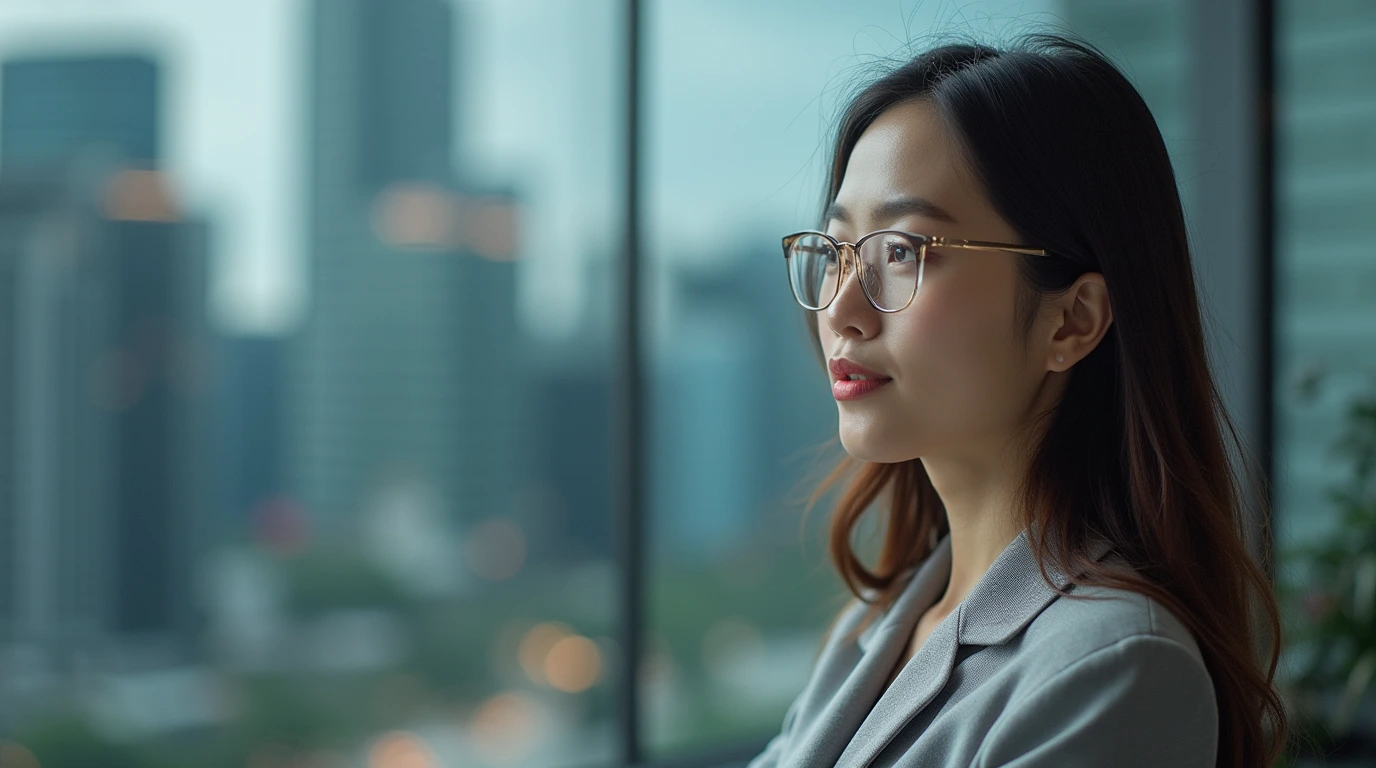CEO of a Family Office in Singapore surveying the vibrant banking district, symbolizing robust wealth management and financial innovation.