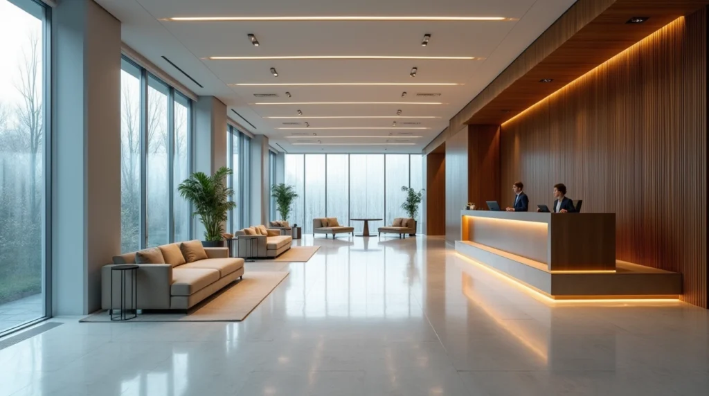Clean modern Swiss bank lobby interior, representing the first step to open a Swiss bank account for non-residents.