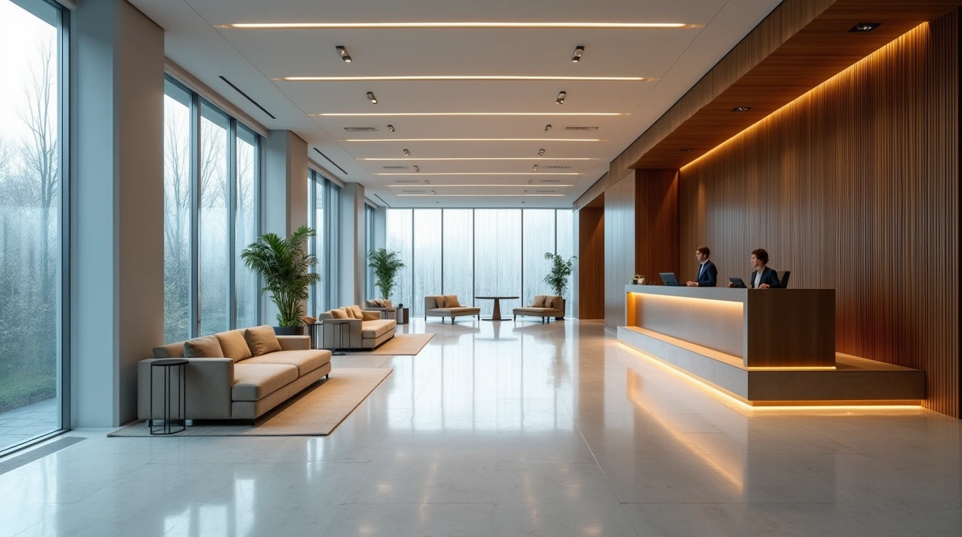 Clean modern Swiss bank lobby interior, representing the first step to open a Swiss bank account for non-residents.
