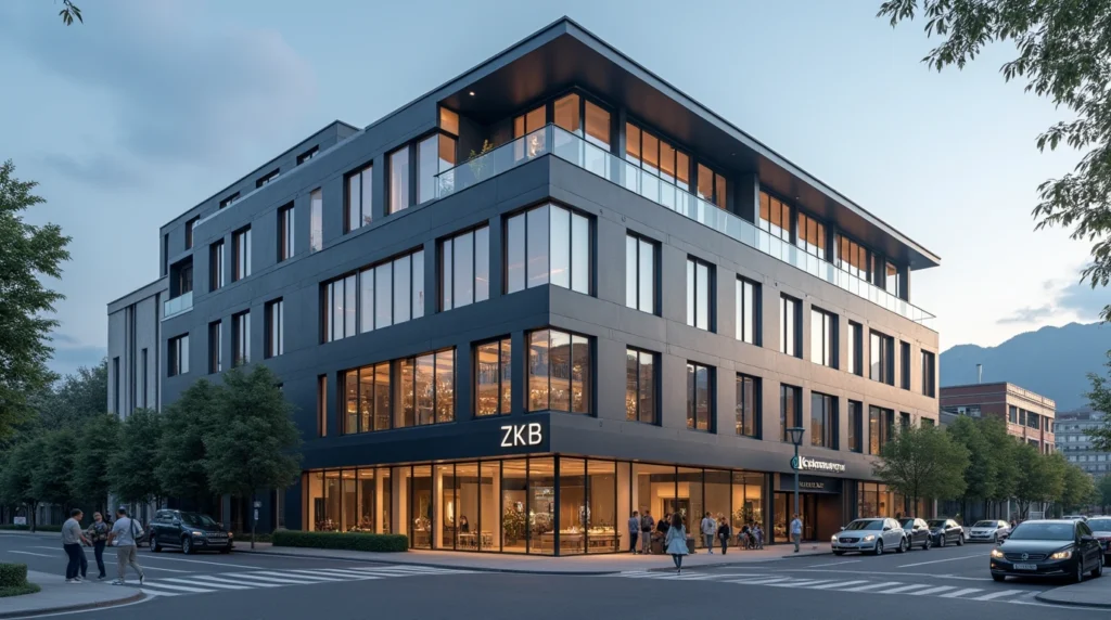 Modern Swiss bank building with the Swiss flag and Alpine mountains in the background, symbolizing secure Swiss banks for international clients.
