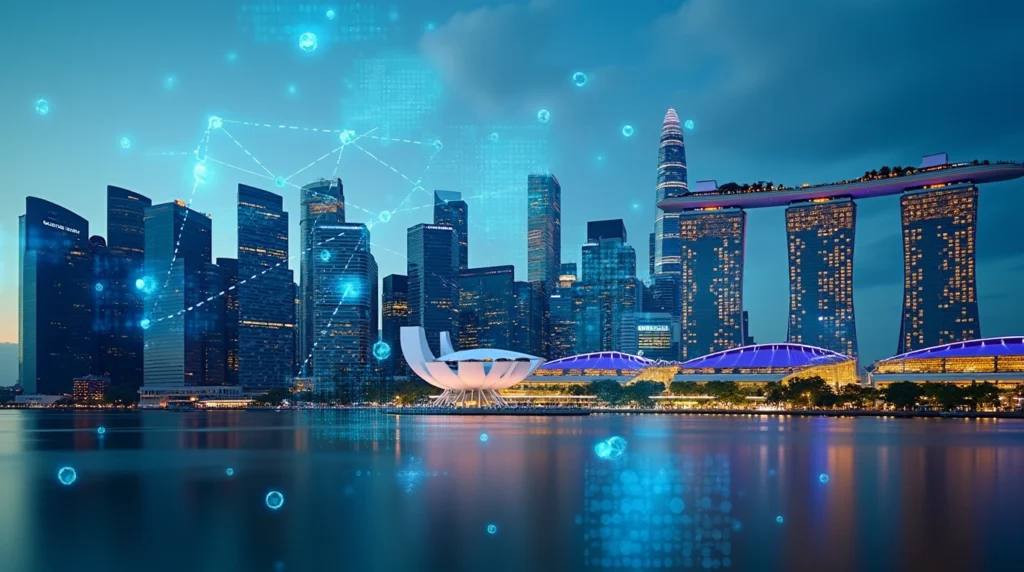 Singapore skyline with digital overlays and fintech icons, symbolizing the digital banking revolution