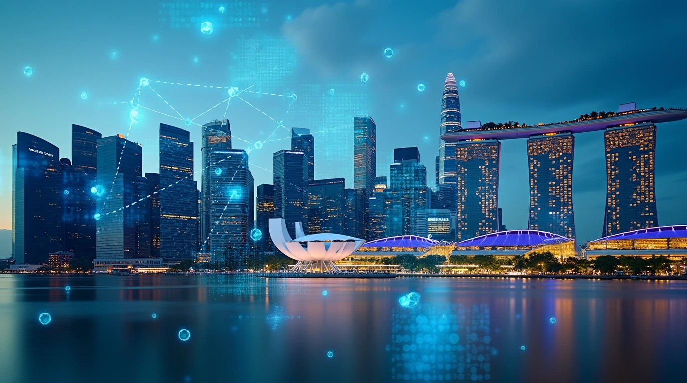 Singapore skyline with digital overlays and fintech icons, symbolizing the digital banking revolution
