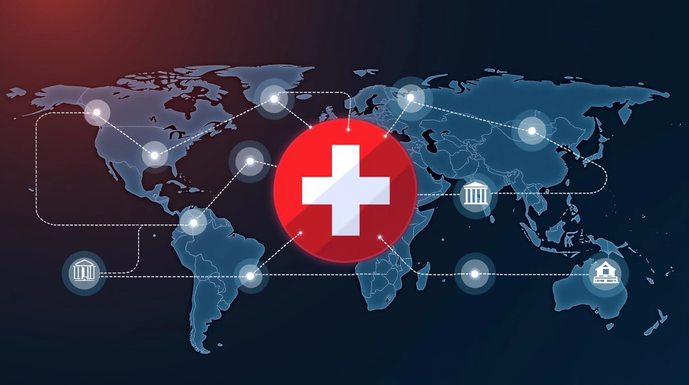 Digital network diagram featuring the Swiss flag at the center, with interconnected nodes representing various countries and icons for banks and data transfer, symbolizing international tax compliance and financial transparency.