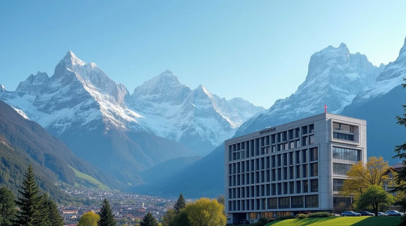 Modern Swiss bank building with the Swiss Alps in the background symbolizing stability and secure wealth preservation