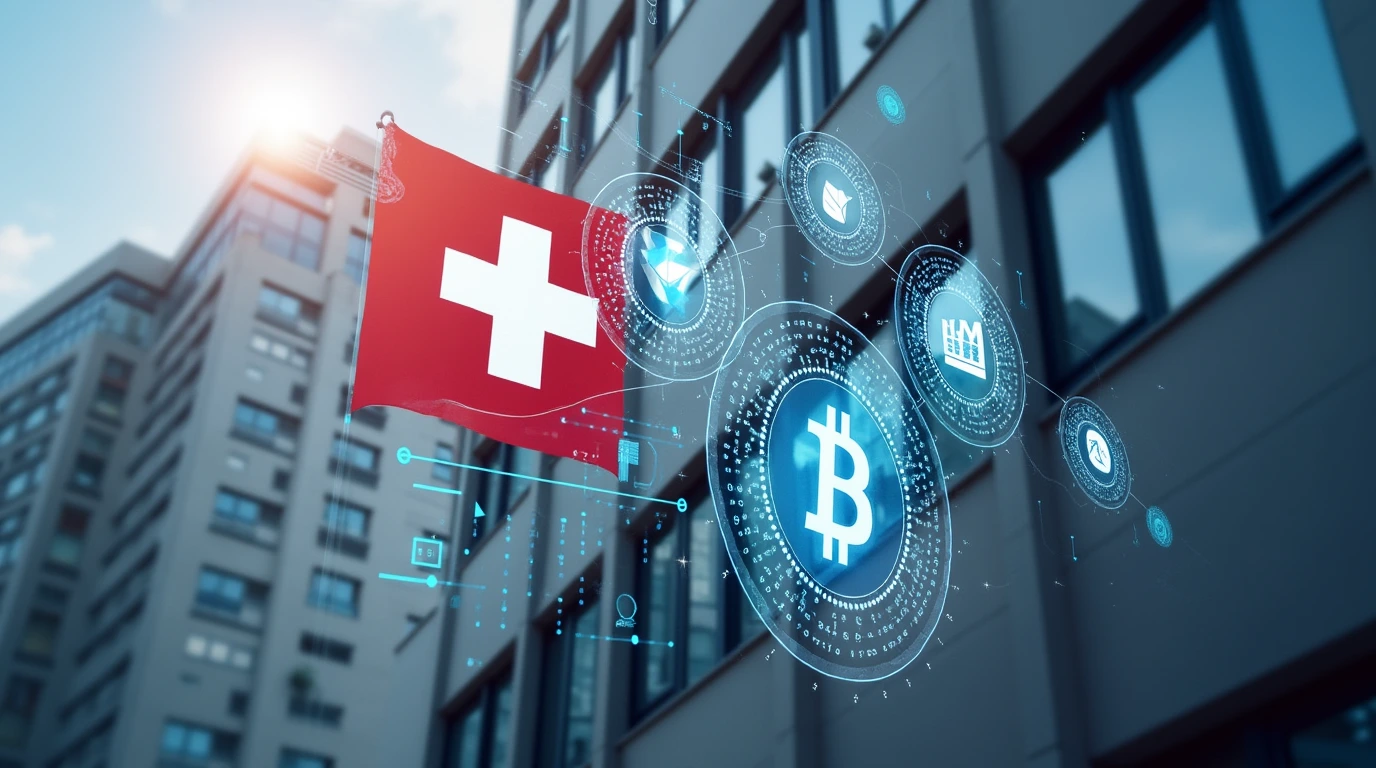 Modern Swiss bank building with digital currency icons overlay, symbolizing secure crypto custody and trading services.