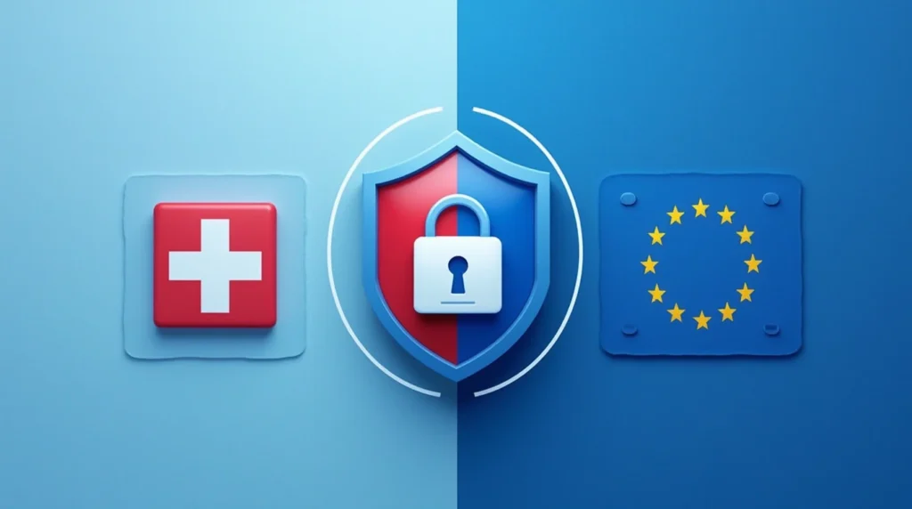 Comparison of Swiss FADP and EU GDPR data protection regulations for banking clients, represented by a security shield spanning Swiss and EU flags