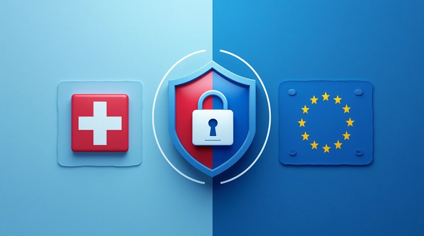 Comparison of Swiss FADP and EU GDPR data protection regulations for banking clients, represented by a security shield spanning Swiss and EU flags