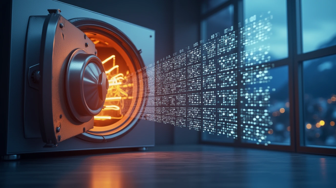A modern Swiss bank vault with a digital overlay displaying a multi-digit account number, set against a backdrop featuring the Swiss flag and Alps.