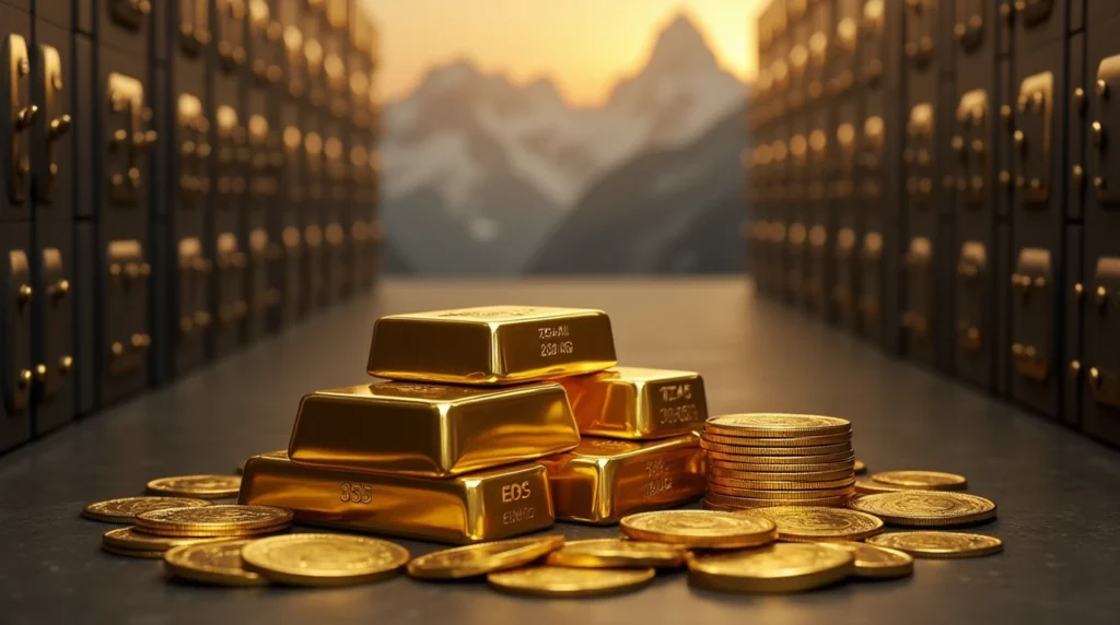 High-security vault displaying gleaming gold bars and coins with a subtle Swiss flag backdrop.