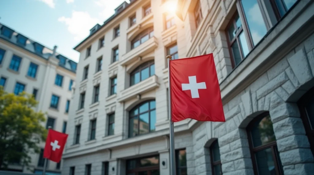 Swiss private bank building with a Swiss flag, reflecting Swiss private bank minimum deposit requirements