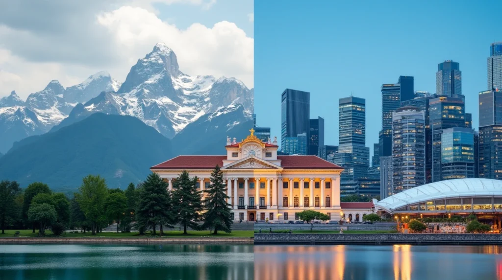 Swiss vs Singapore banking comparison featuring Swiss Alps and Singapore skyline.
