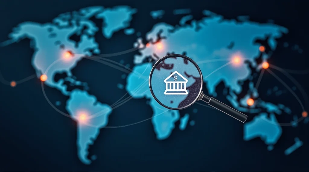 Digital globe with interconnected data points and a magnifying glass highlighting bank icons, symbolizing World-Check risk management