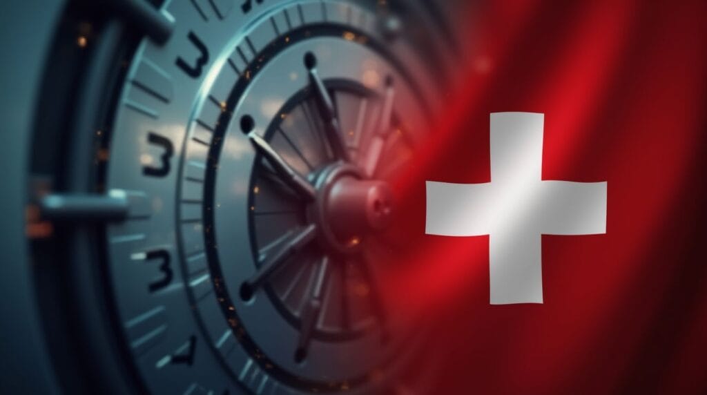 Swiss flag with blurred bank vault background, representing Swiss Bank Account Taxation security