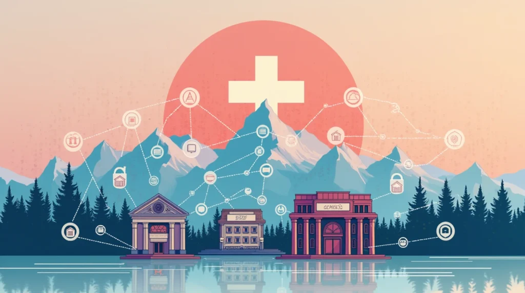 Digital illustration featuring the Swiss flag, Alps, and financial icons representing big, cantonal, and private banks