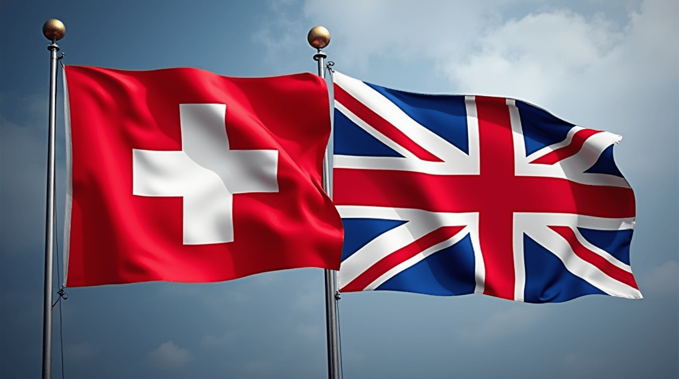 Swiss and UK flags representing the strong connection in Swiss banking for UK clients