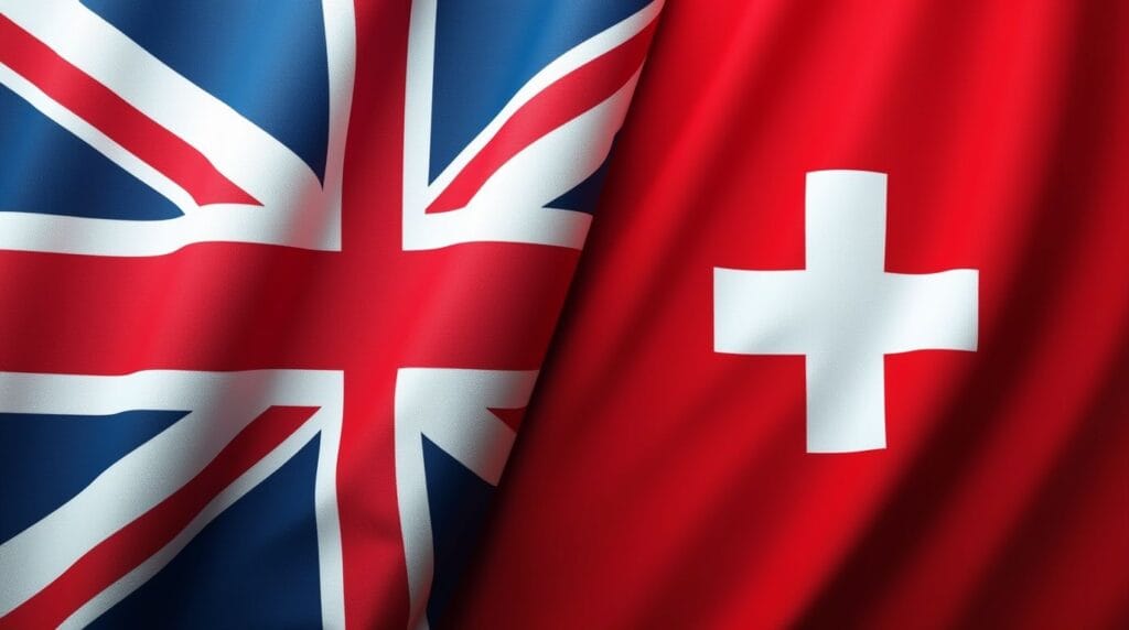 Swiss and UK flag as symbol of cross border banking for UK residnets