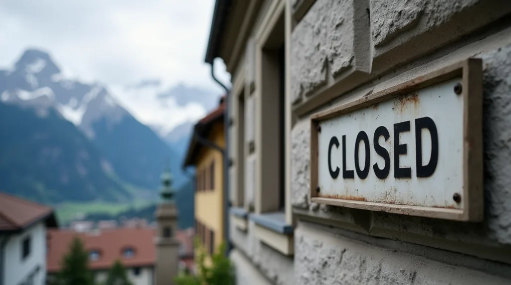 Historic Swiss bank building with closed sign and Swiss Alps backdrop