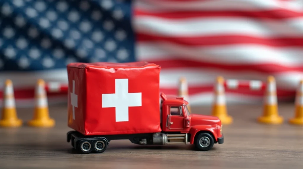A Swiss-flagged shipping container beside a U.S. customs barrier, symbolizing the 31% tariff on Swiss goods