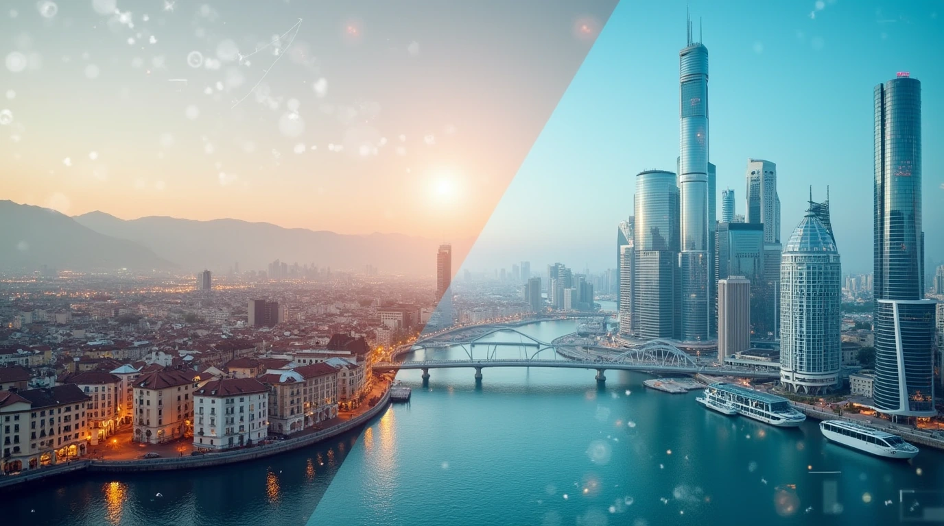 Split-screen image showing Zurich’s skyline on the left and Dubai’s skyline on the right, symbolizing the comparison of Swiss and UAE banking systems.