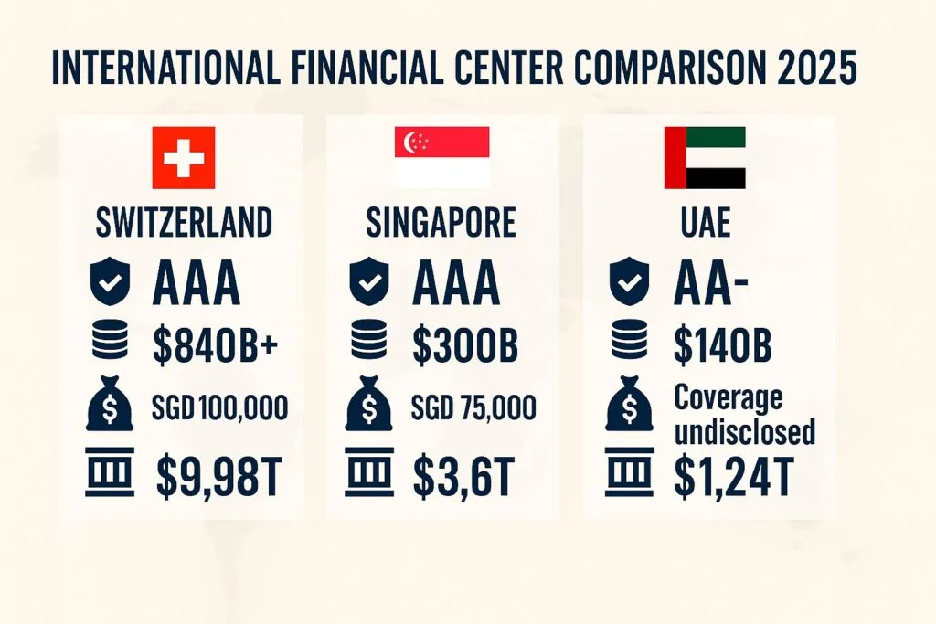 Infographic titled “International Financial Center Comparison 2025” that places Switzerland, Singapore and the UAE side-by-side, displaying their credit ratings (AAA, AAA, AA-), FX reserves ($840 B+, $300 B+, $140 B+), deposit-insurance limits (CHF 100 000; SGD 75 000; coverage undisclosed) and total banking assets (~$9.98 T, ~$3.6 T, ~$1.24 T).