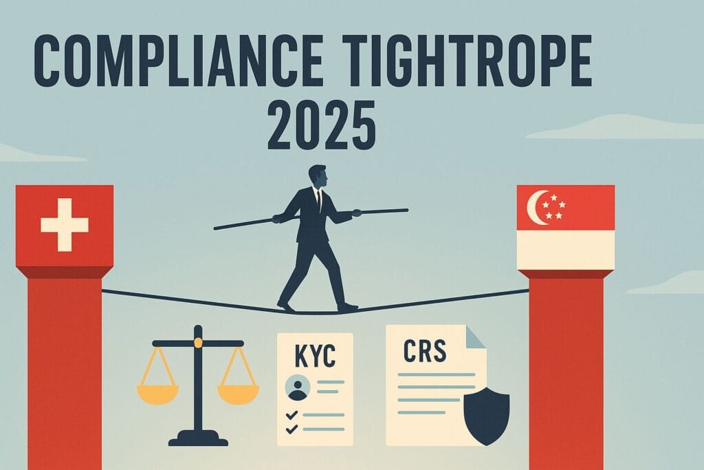 Illustration of a businessman walking a tightrope between Swiss and Singaporean pillars, symbolising tax compliance for non-residents in 2025 with AML, KYC, and CRS icons below.
