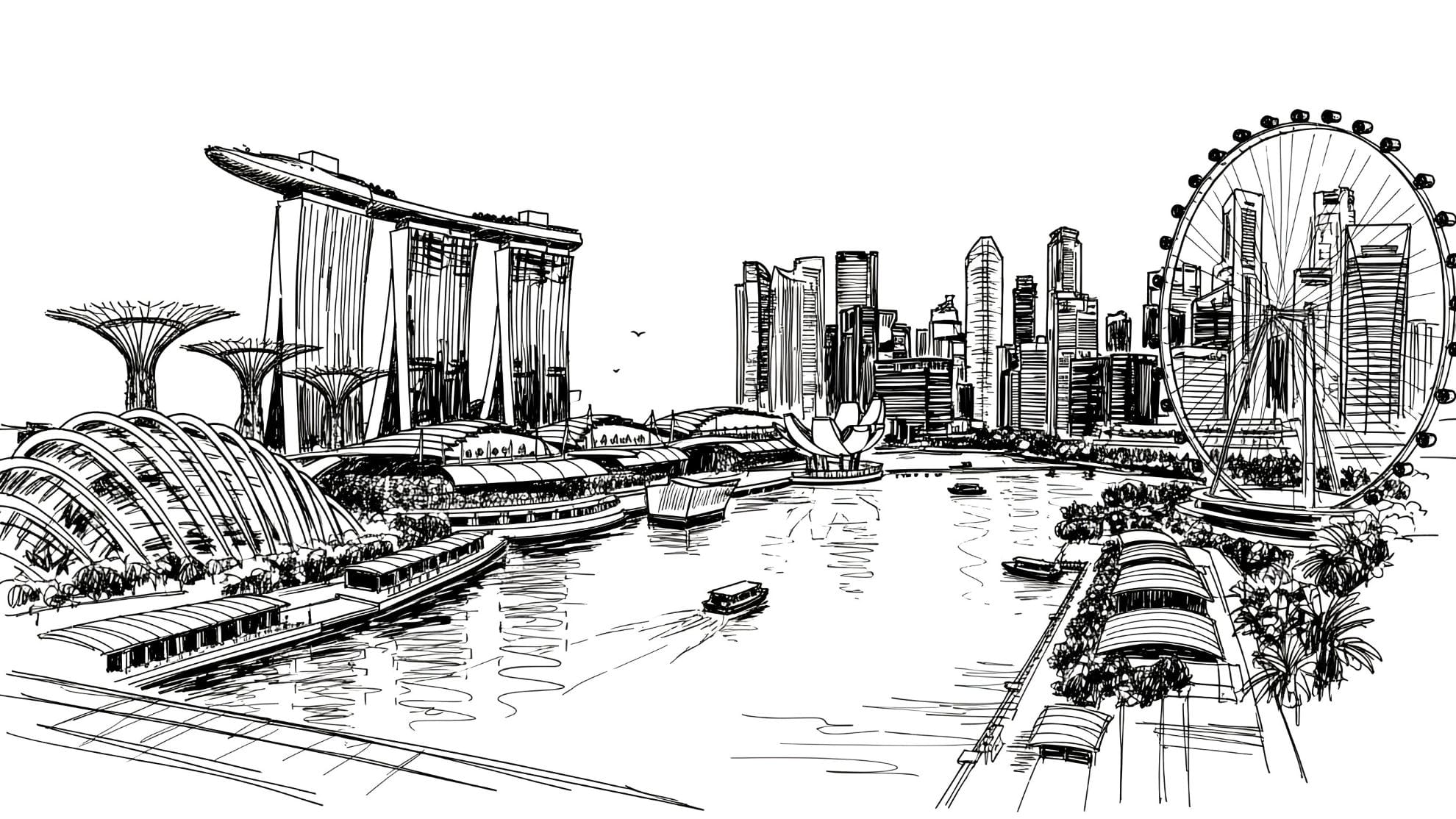 Line art drawing of the Singapore Marina Bay skyline and financial district, providing a visual for how to open a singapore bank account for foreigner.