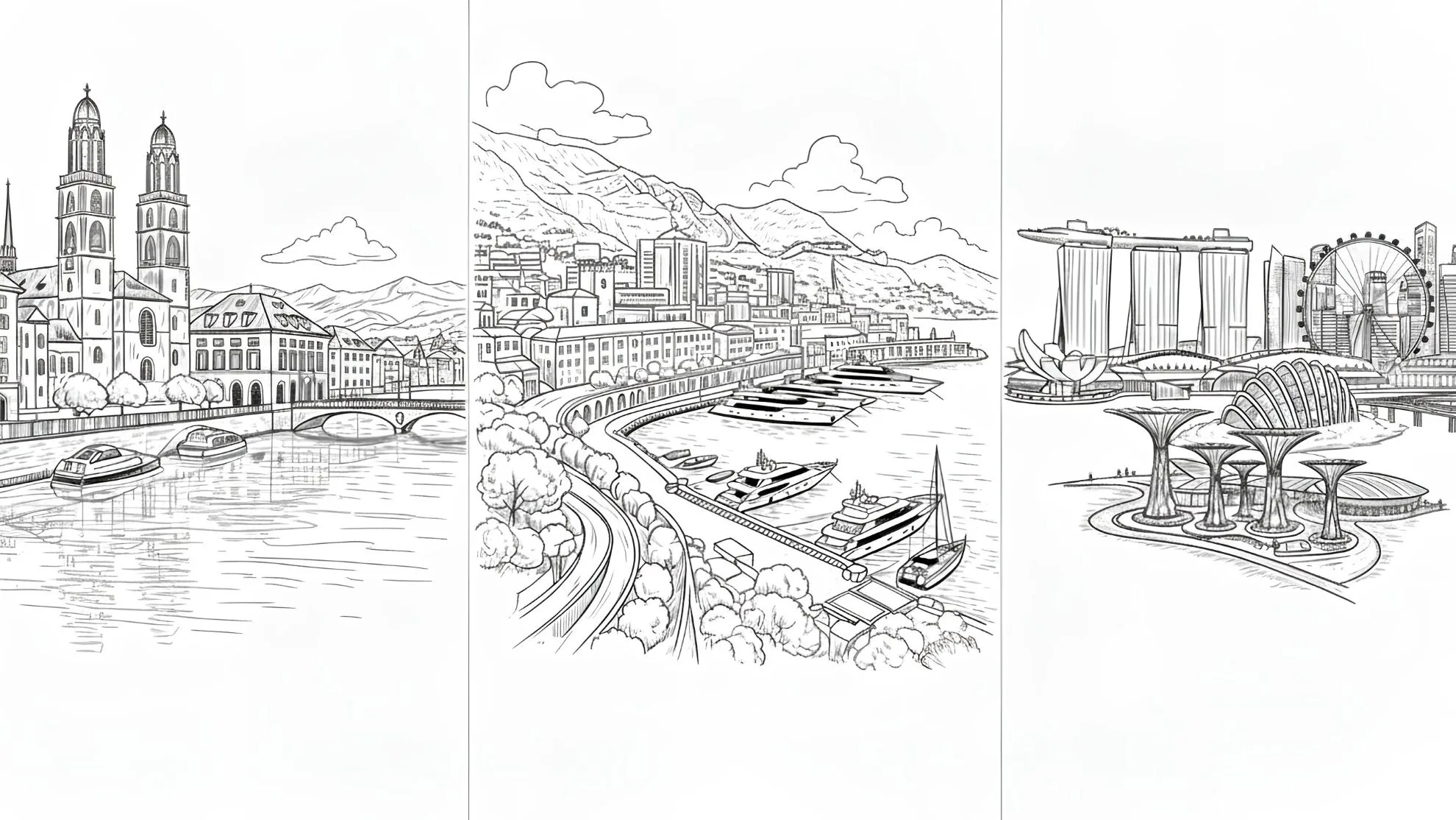 Black and white architectural sketches of Zurich, Monaco, and Singapore cityscapes, used as a guide on how to open an international bank account in top financial hubs.