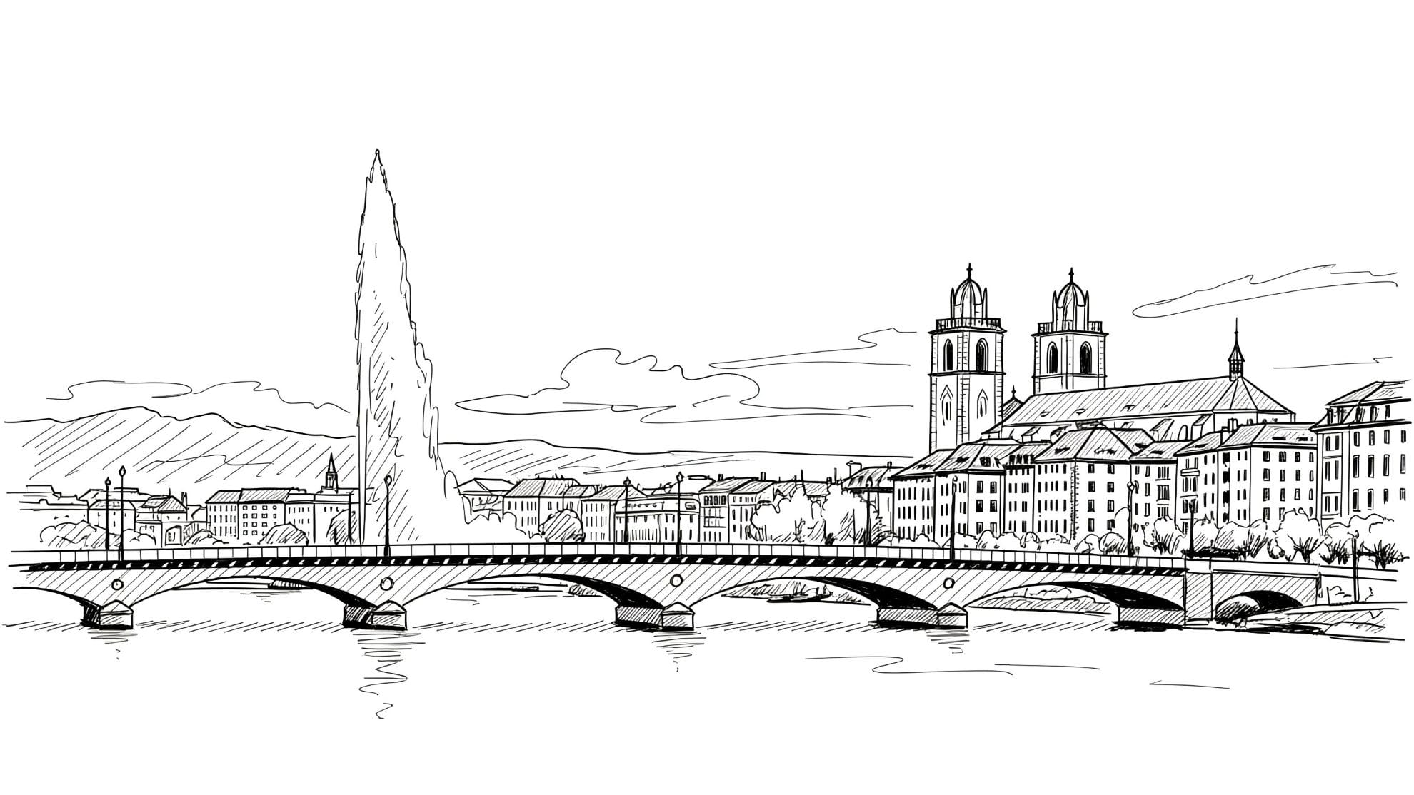 Line drawing sketch of the Geneva Switzerland skyline and Jet d'Eau fountain, illustrating where to open a swiss bank account for non resident.