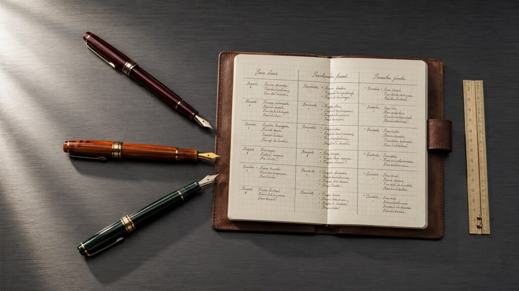 Three fountain pens in red, orange, and green arranged in a V-shape toward a comparison grid notebook on dark steel surface — representing an honest scorecard of Singapore private banks for foreign clients