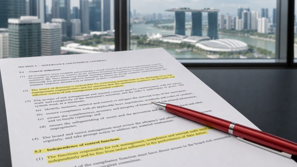 Compliance officer's desk with highlighted regulatory document and red pen, MAS building visible through window in soft bokeh — representing Singapore bank compliance review for non-resident clients