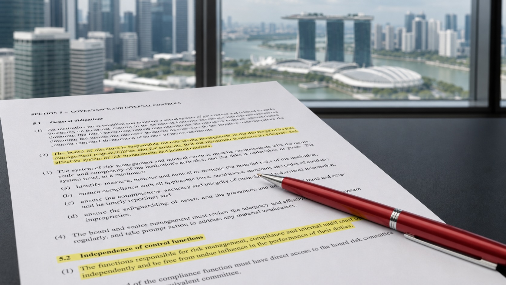 Compliance officer's desk with highlighted regulatory document and red pen, MAS building visible through window in soft bokeh — representing Singapore bank compliance review for non-resident clients