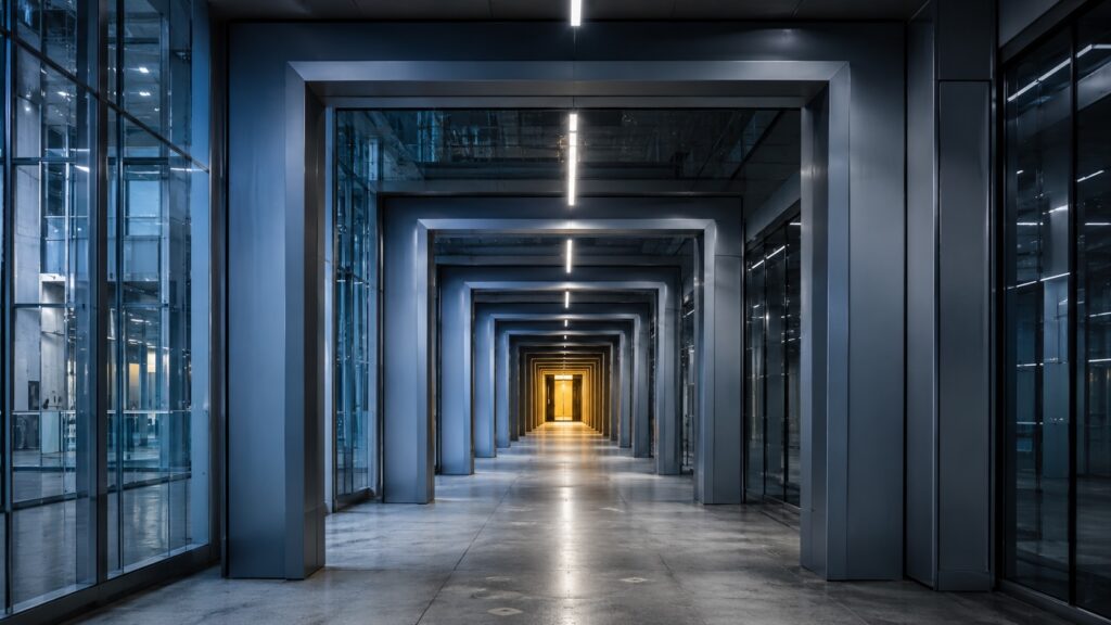 Modern Singapore bank corridor with six receding archways, first three in cool blue light, final archway glowing gold — representing the six gates a non-resident bank account application must pass