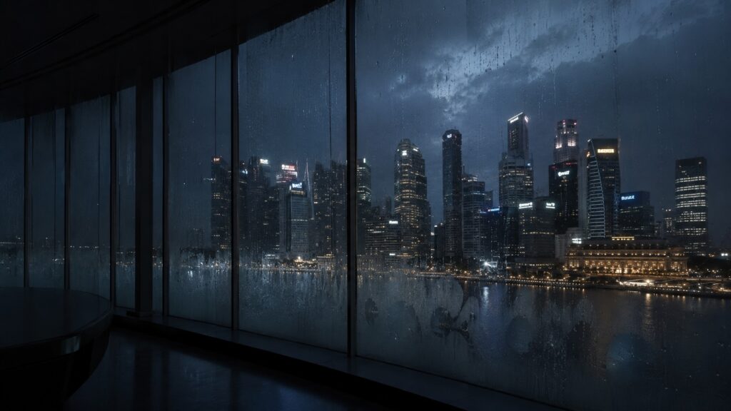 Singapore CBD financial district skyline refracted through rain-streaked glass at dusk — representing how the 2023 money laundering case changed the rules for foreign corporate bank accounts in Singapore