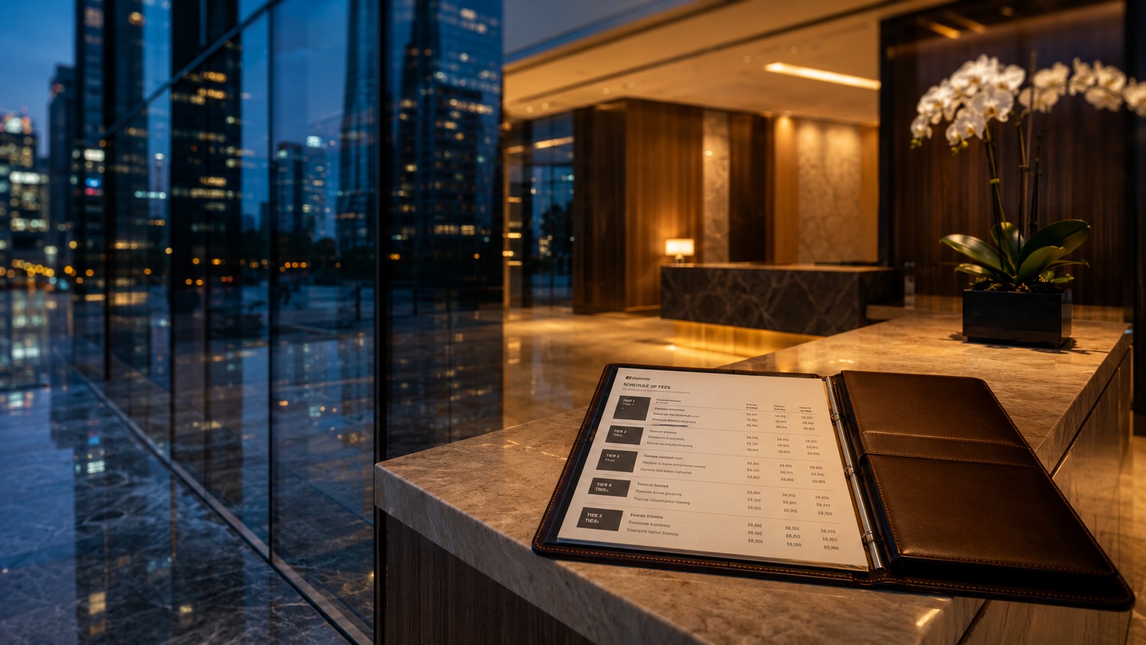 Singapore private bank lobby interior at dusk, open fee schedule on marble counter, financial district reflected in glass — illustrating the real cost behind the published minimum deposit